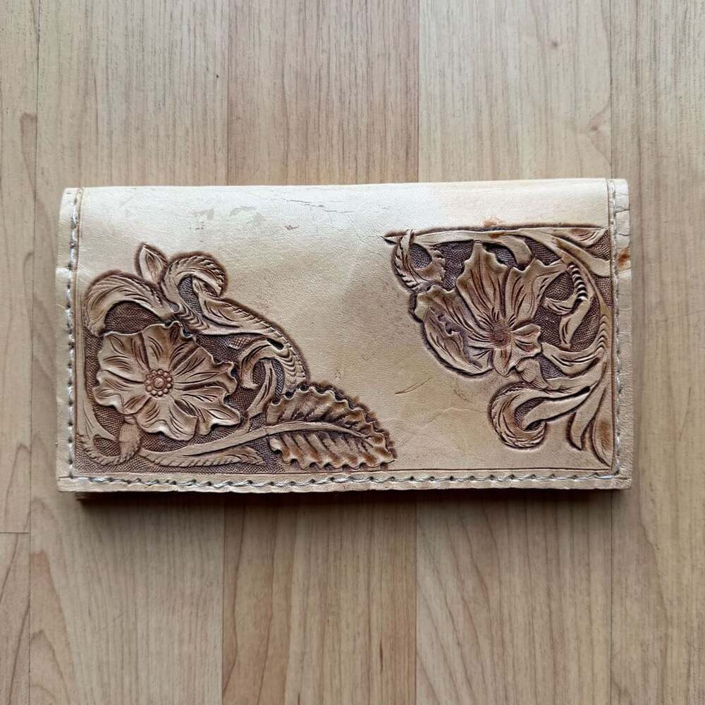Hand-Tooled Floral Checkbook Cover Leather Wallet